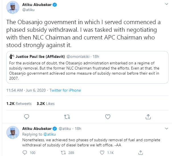 Oshiomhole kicked against fuel subsidy removal under Obasanjo - Atiku